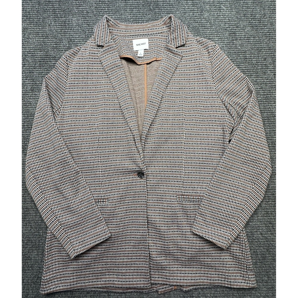 Nine West Blazer Womens Large‎ Brown Houndstooth One Button Knit Suit Jacket